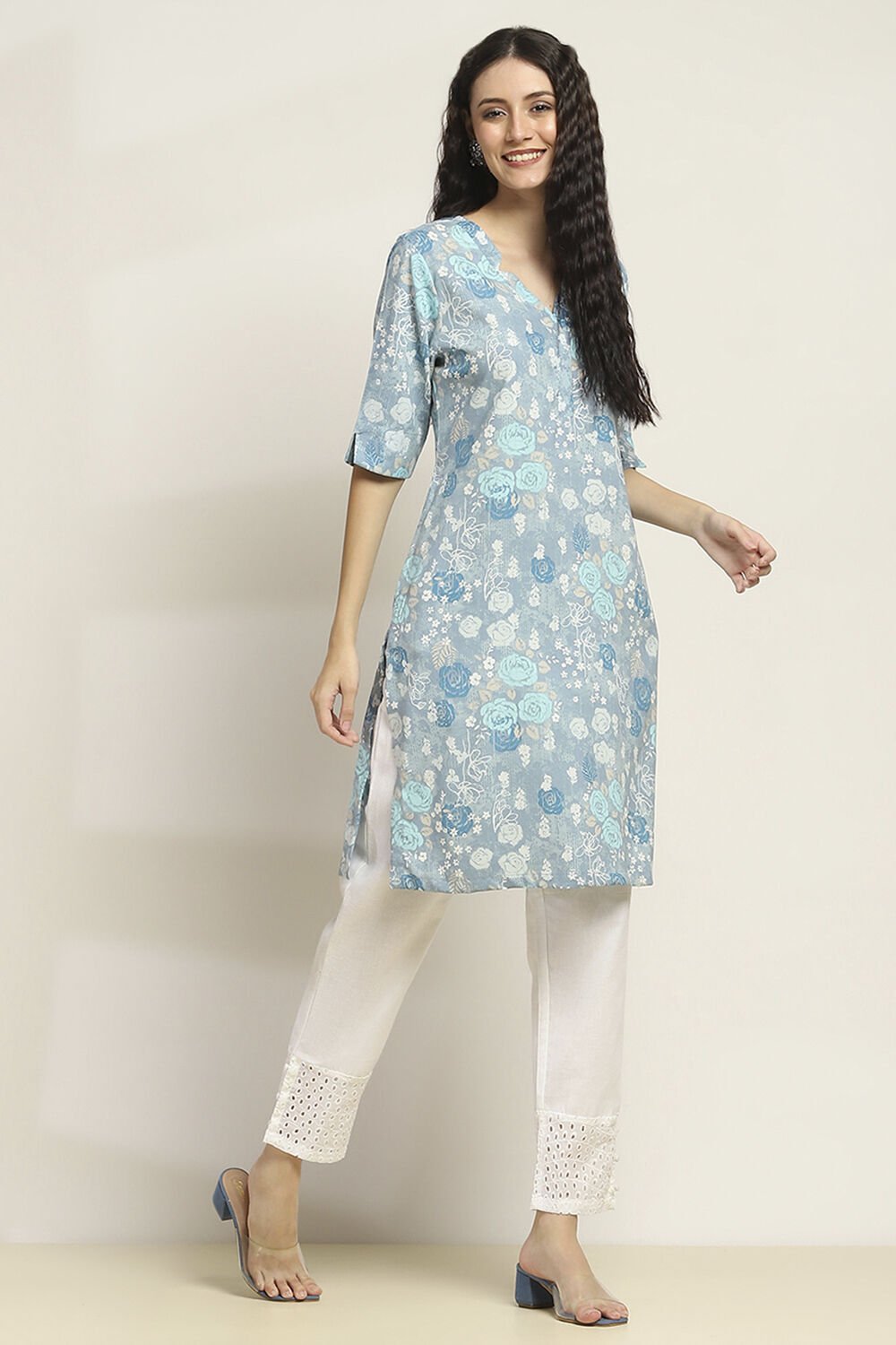 Blue Printed Straight Kurta image number 4