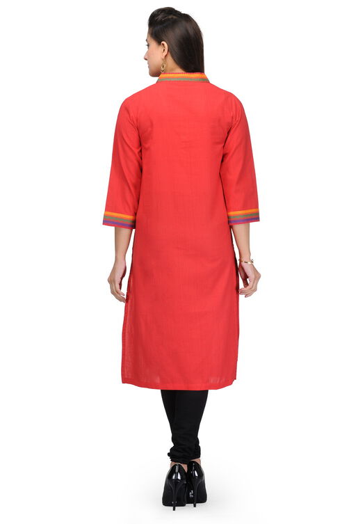 Red Cotton Straight Kurta image number 3