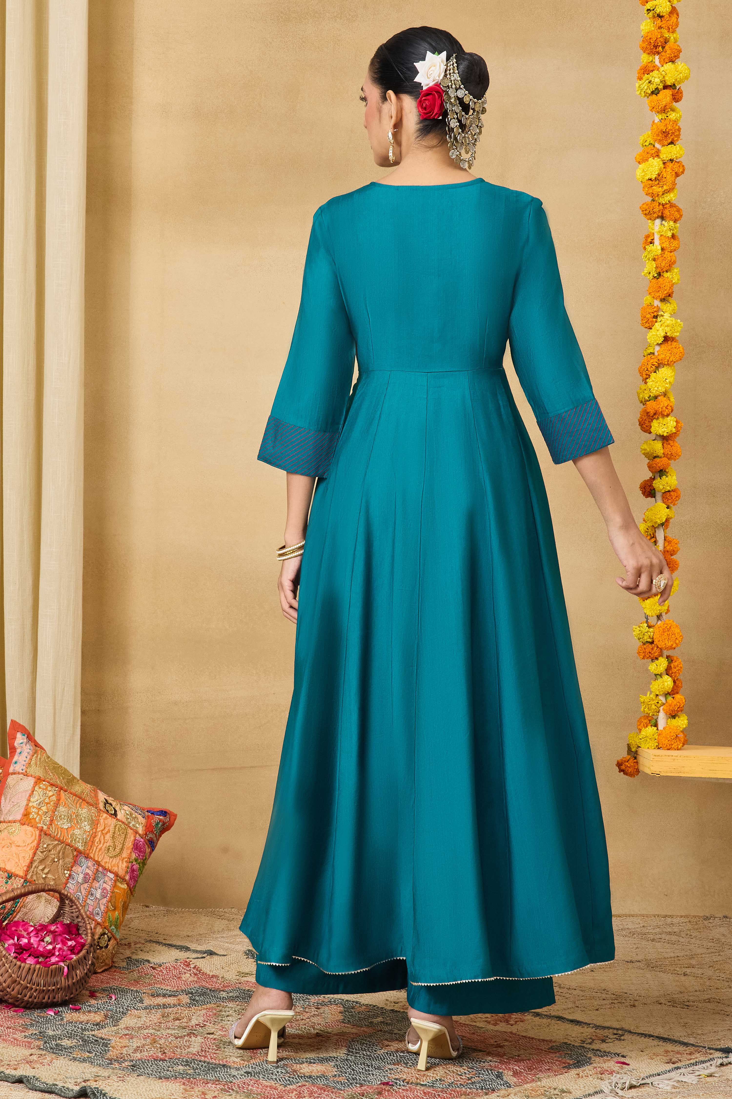 Teal Viscose Blend Kalidar Solid Suit Set image number 5