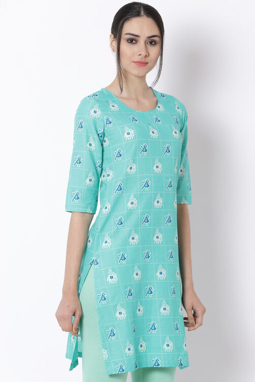 Mint Green Cotton Straight Kurta image number 4