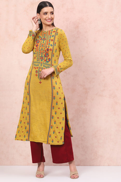 Mustard Acrylic Straight Kurta image number 3