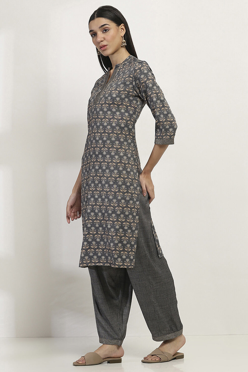 Navy Blue Printed Straight Kurta Set image number 3