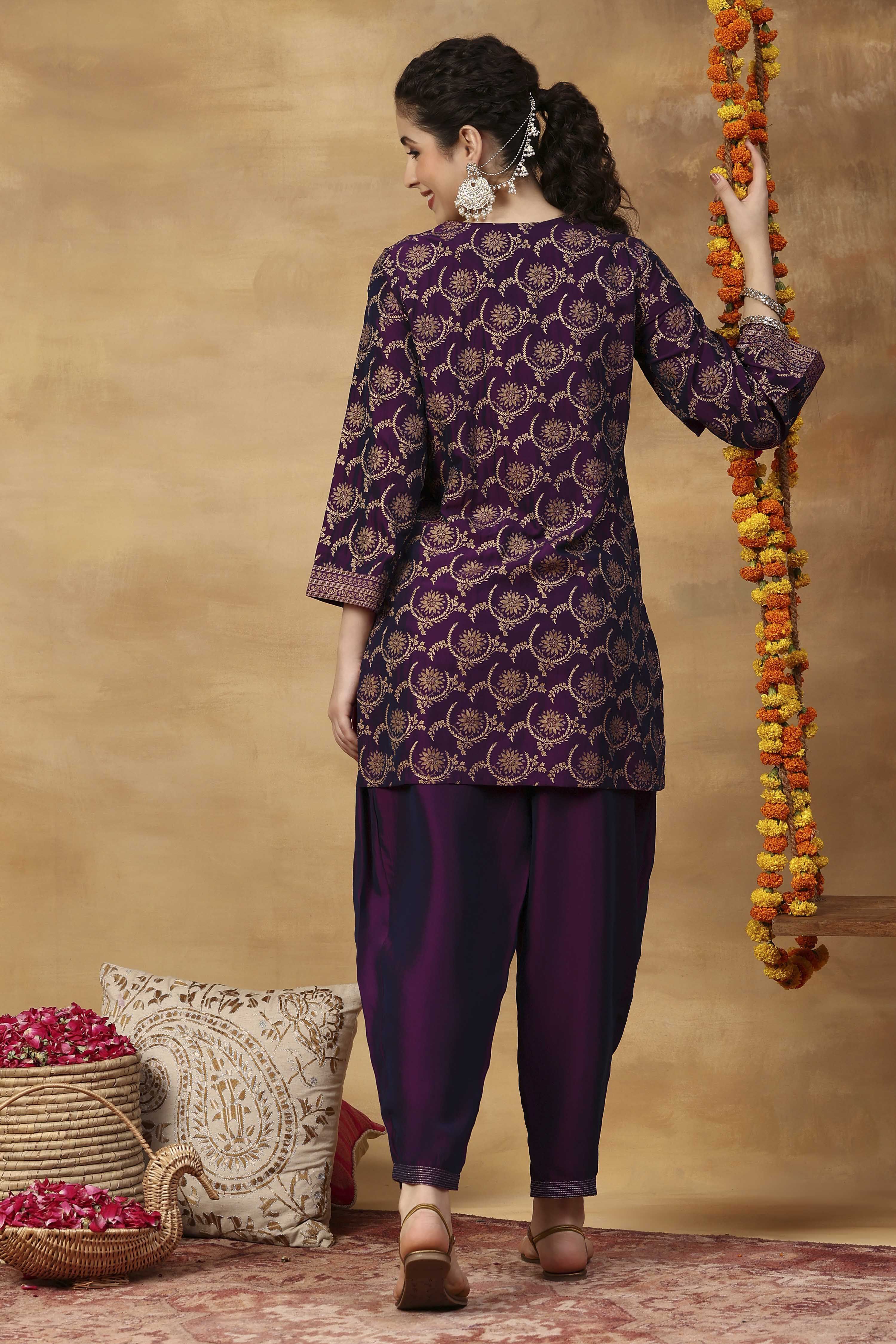Purple Printed Poly Viscose Straight Kurta Set image number 4