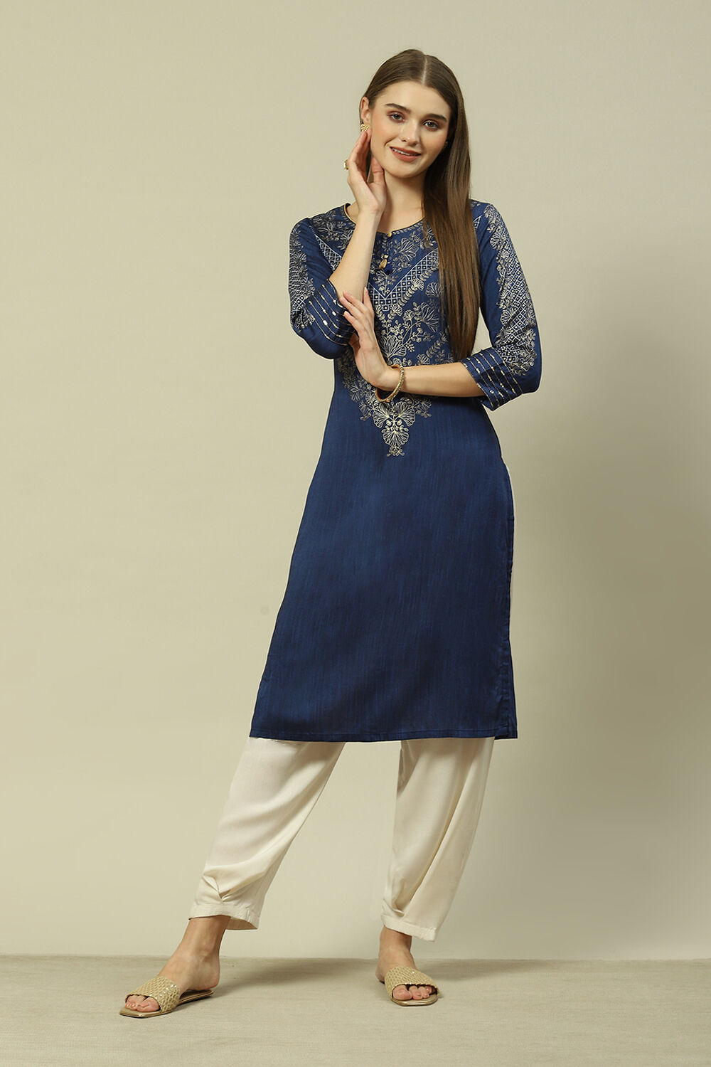 Blue Poly Viscose Straight Printed Kurta image number 0