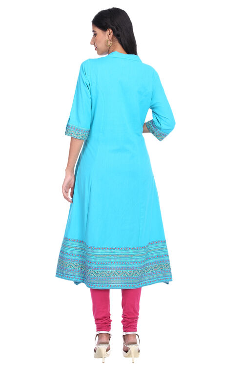 Turquoise Flared Cotton Kurta image number 5
