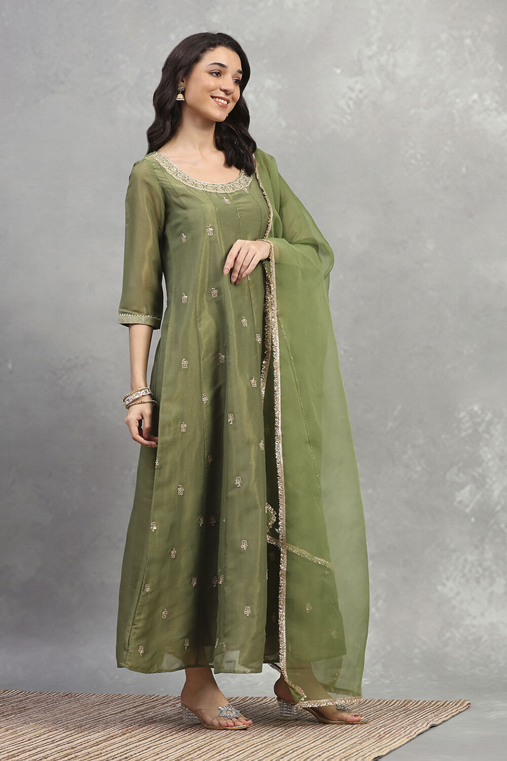 Green Tissue Solid Anarkali Dress image number 4