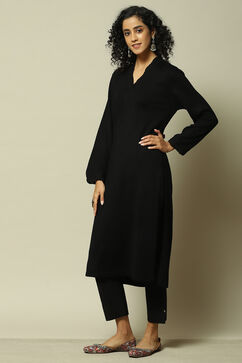 Black Acrylic Straight Solid Kurta image number 2