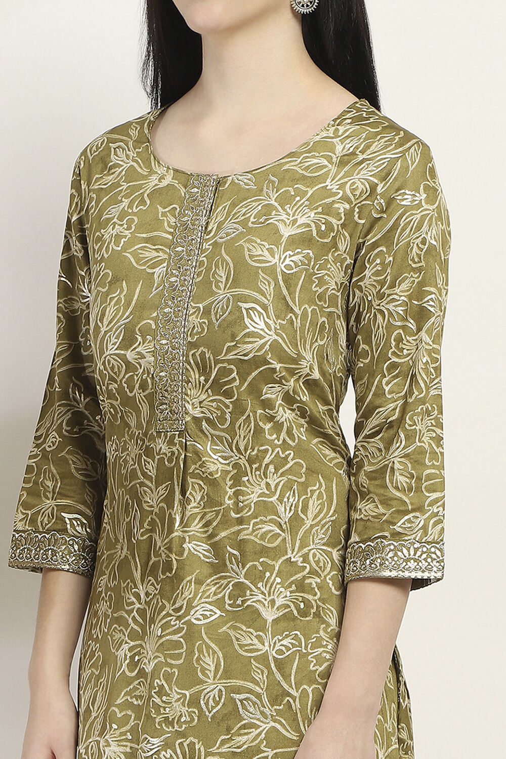 Olive Green Floral Straight Suit Set image number 1