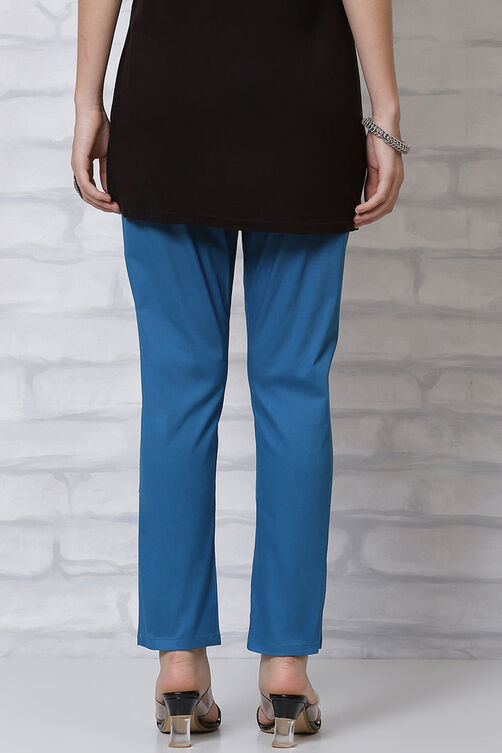 Teal Blue Poly Cotton Slim Pants image number 4