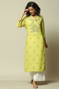 Lime Yellow LIVA Straight Printed Kurta image number 5