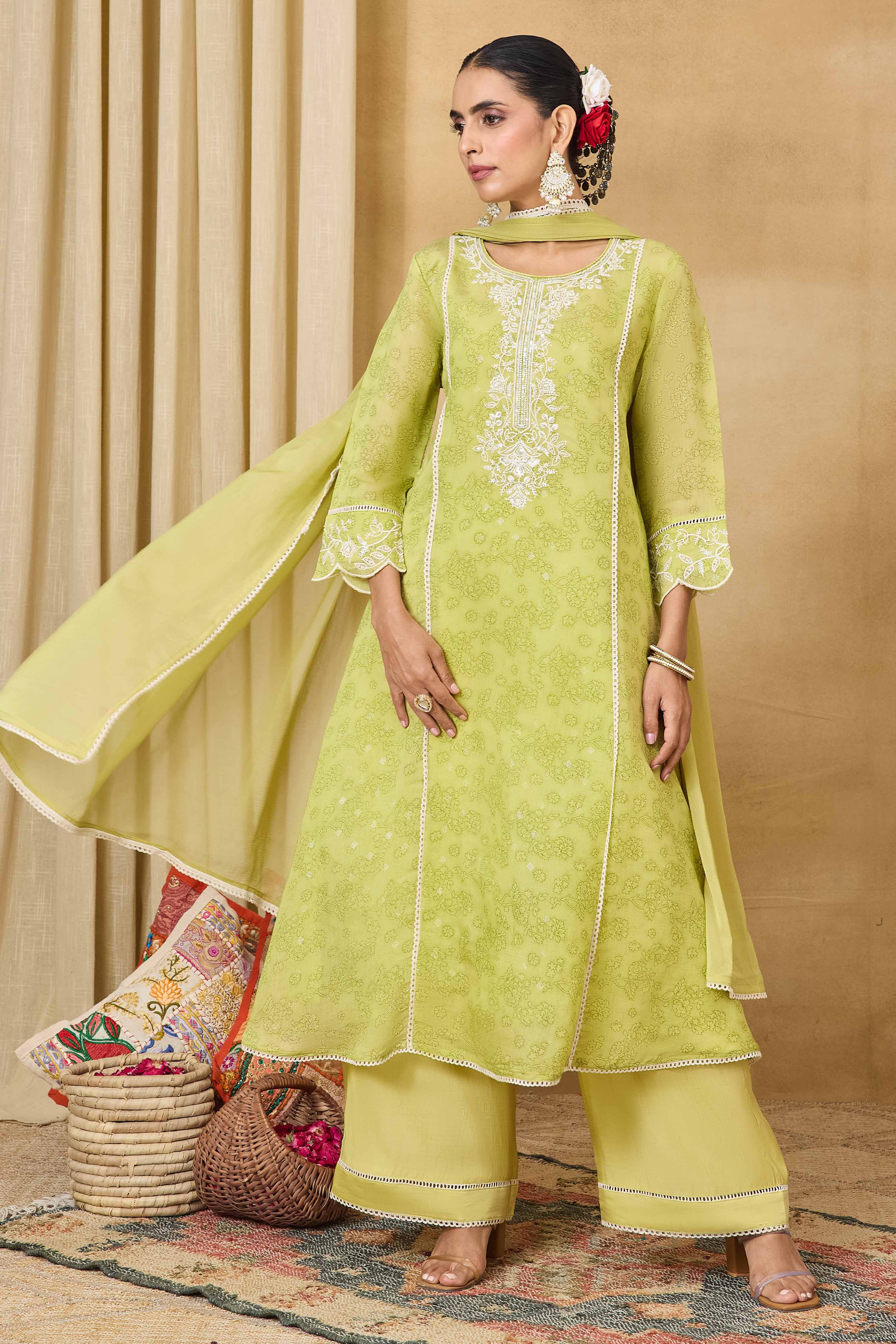 Light Green Polyester A-Line Printed Suit Set image number 0