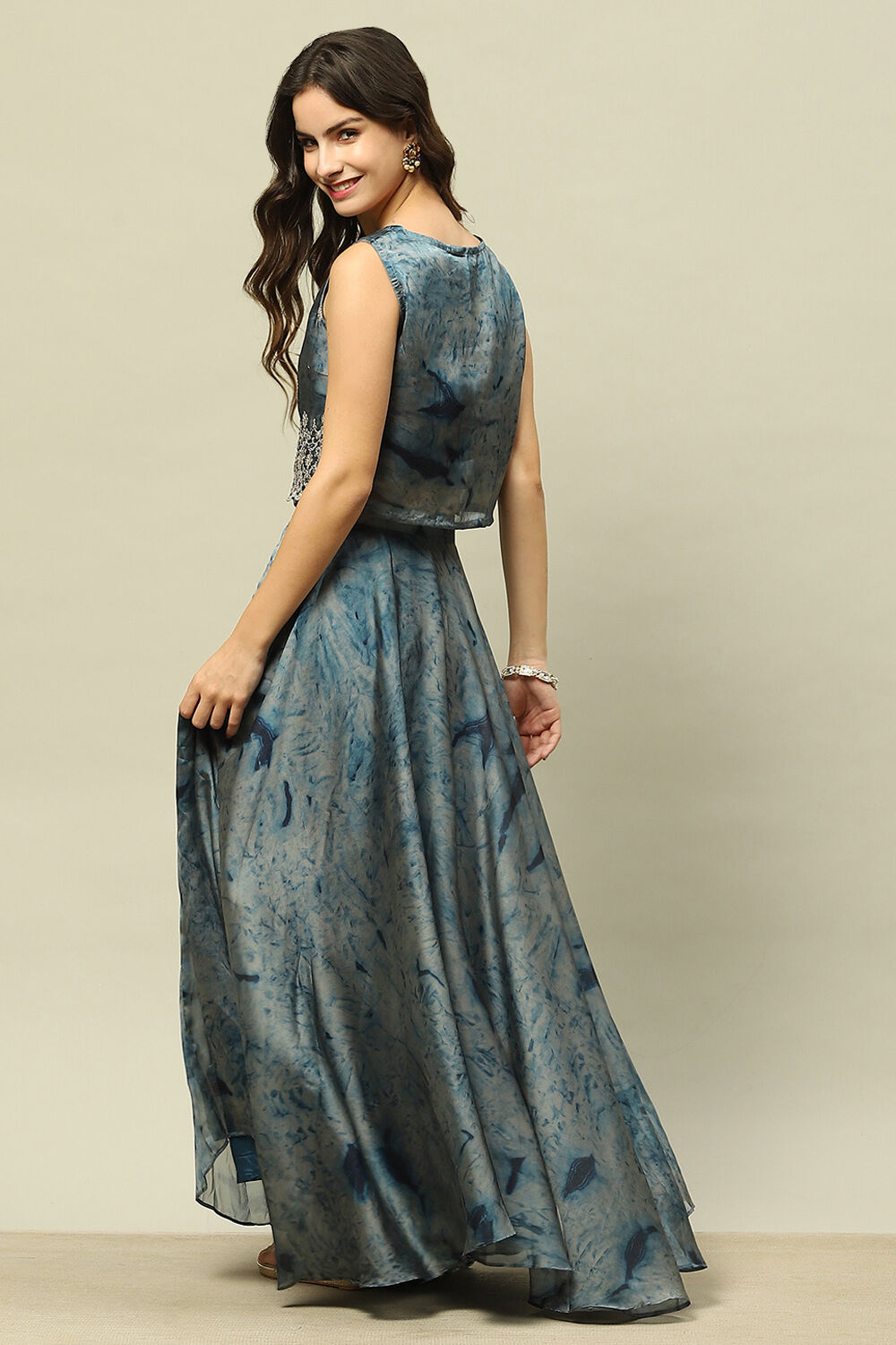 Blue Poly Georgette Straight Printed Crop Top Skirt Set image number 4