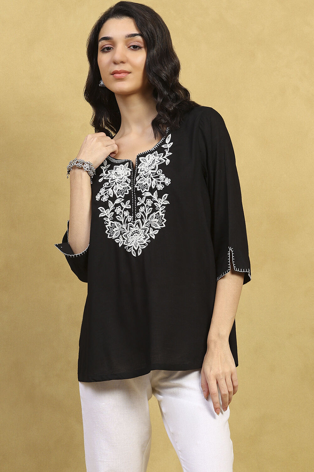 Black Viscose Rayon Embroidered Straight Top image number 5