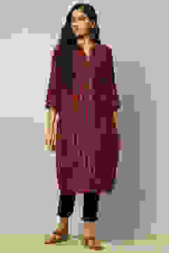 Red Viscose Blend Striped Straight Kurta image number 5