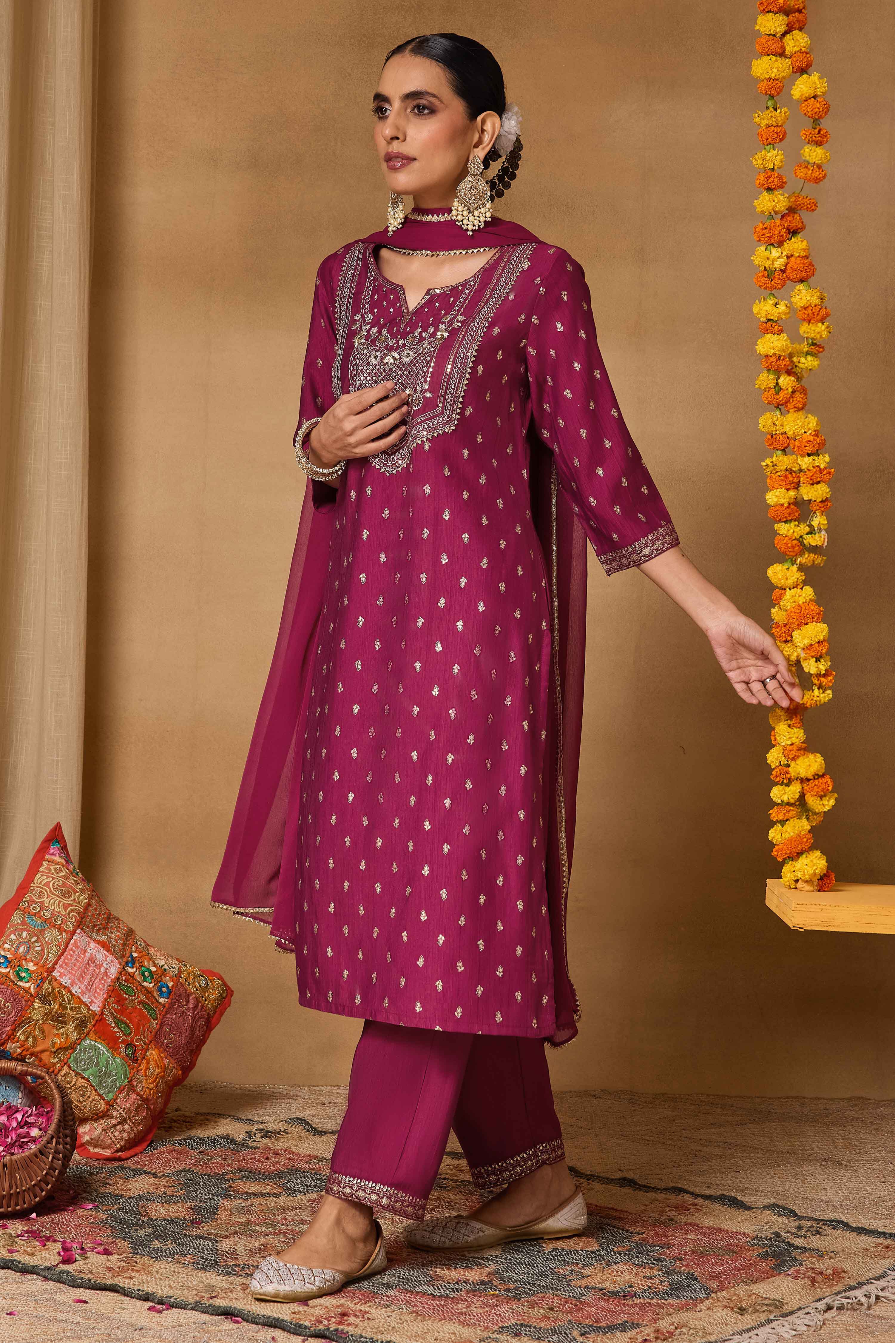 Maroon Viscose Blend Straight Printed Suit Set image number 4