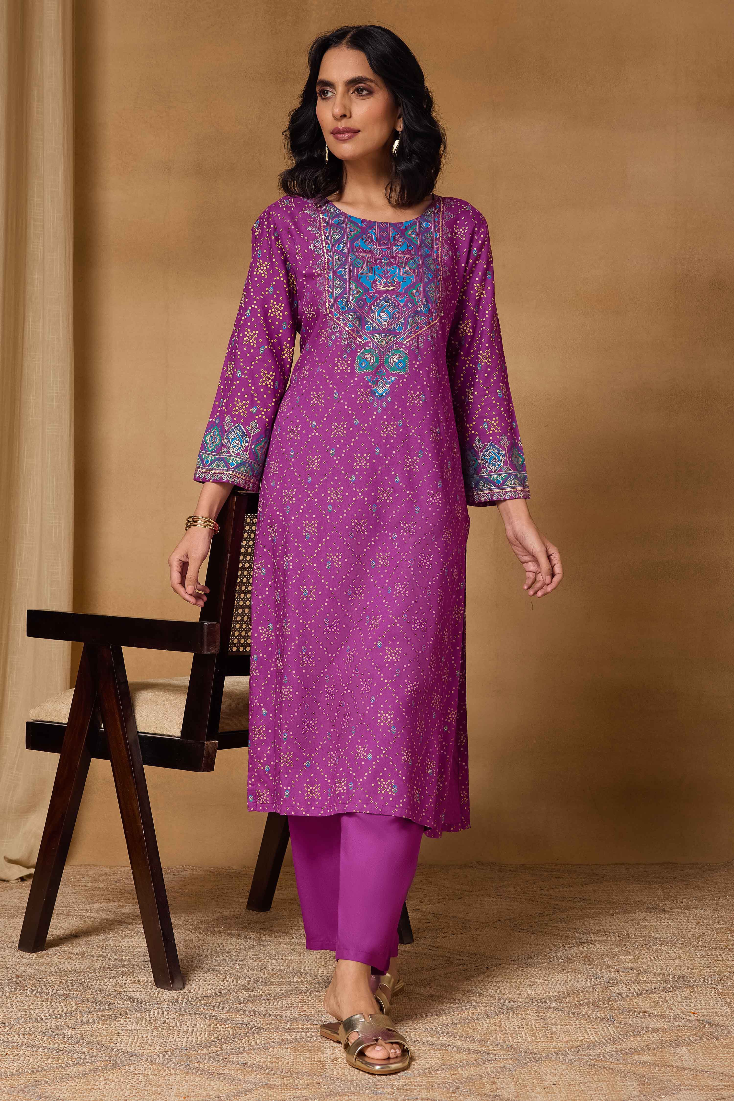 Purple Viscose Rayon Straight Printed Kurta Pants Set image number 0