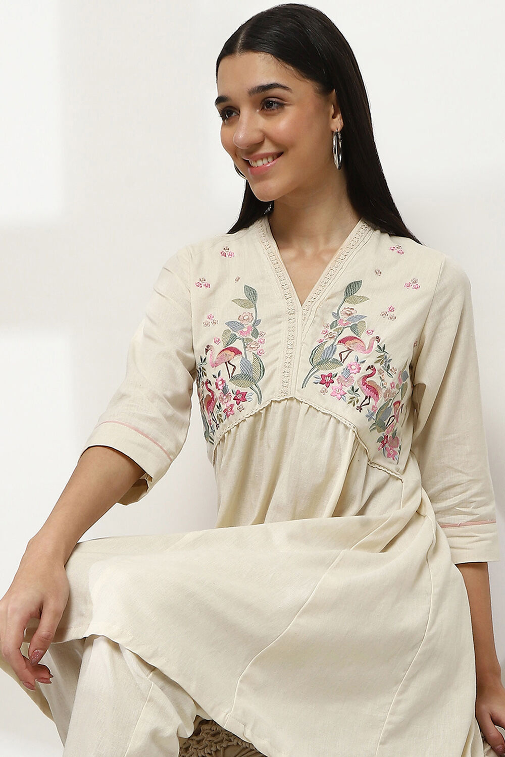 Ivory Cotton Gathered Kurta Set image number 7
