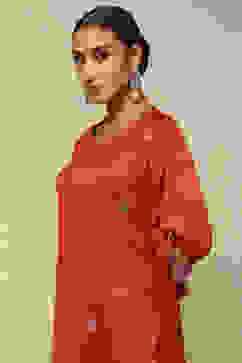 Rust-Red Acrylic Straight Yarn Dyed Kurta Palazzo Suit Set image number 1