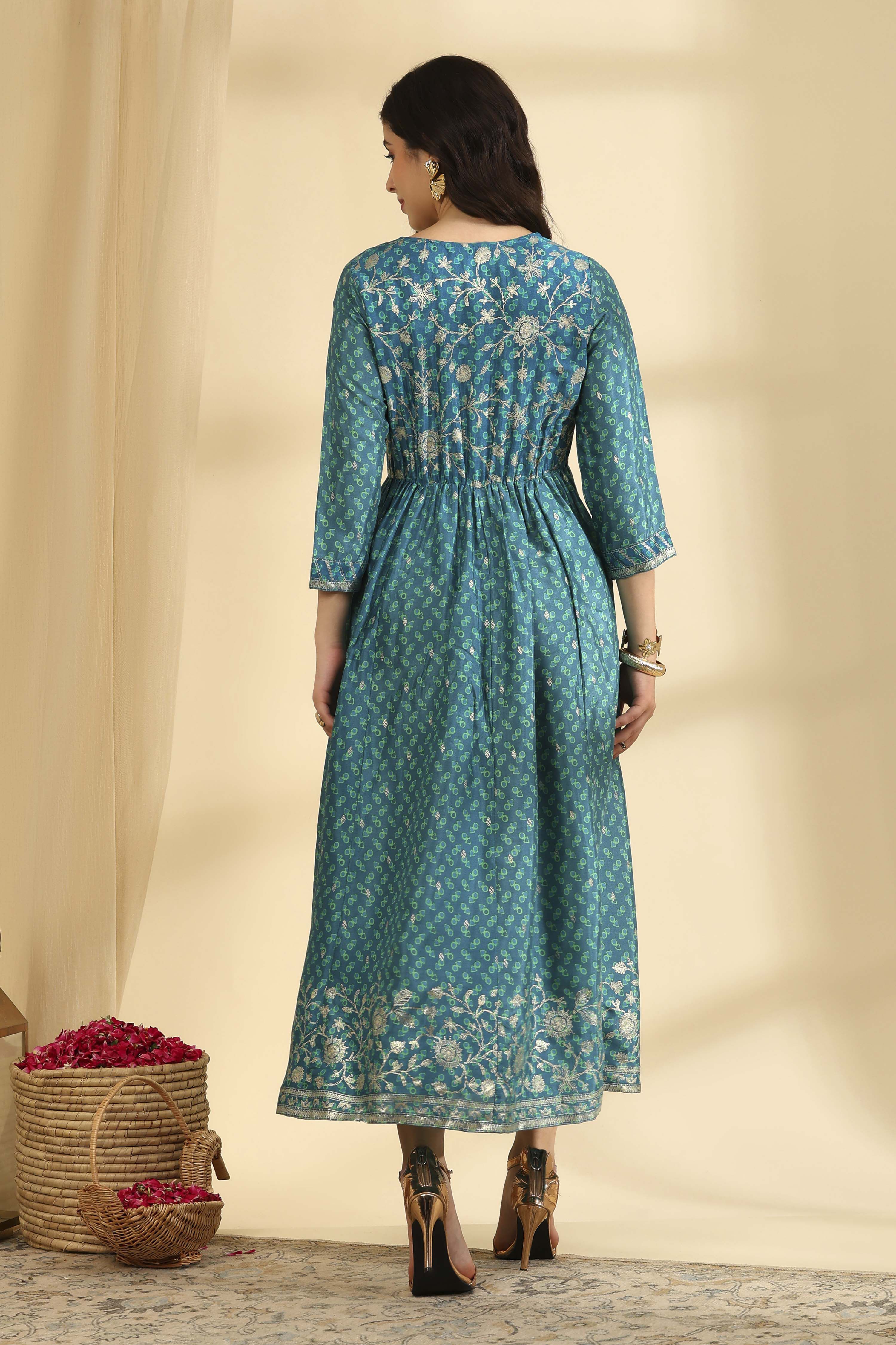 Teal Printed Viscose Blend Ethnic Dress image number 4