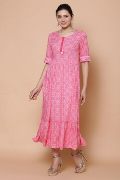 Pink Viscose Rayon Flared Dress image number 3