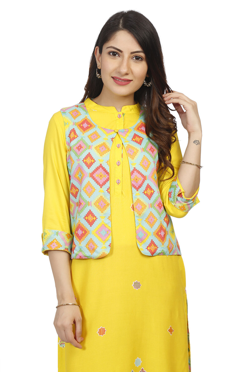 Buy Yellow Front Open Viscose Rayon Jacket 1N by Rangriti
