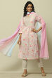 Pink Cotton Blend Printed Kurta & Pants Suit Set image number 0