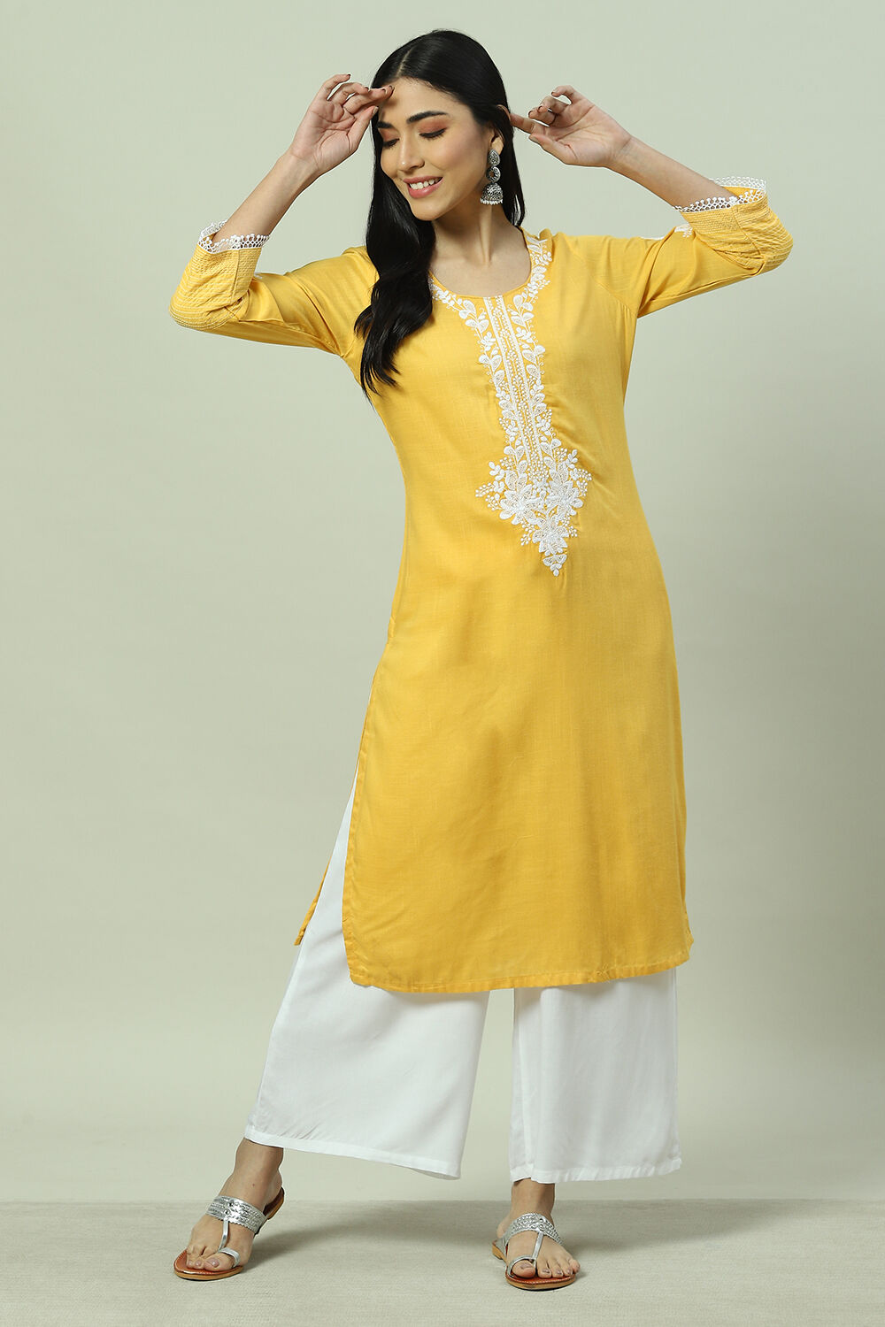 Yellow Embroidered Detail Straight Kurta image number 0