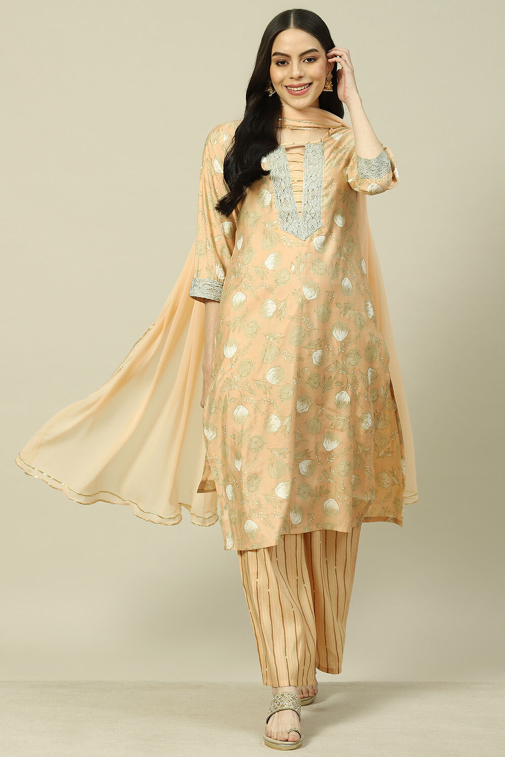 Peach Cotton Blend Woven Straight Kurta Suit Set image number 0