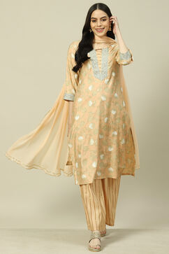 Peach Cotton Blend Woven Straight Kurta Suit Set image number 0