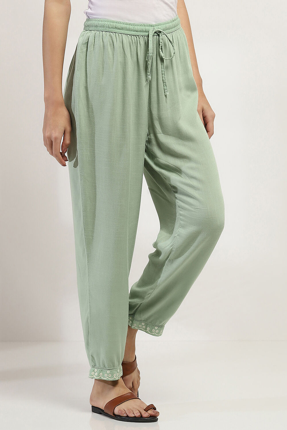 Sage Green Solid Regular Pants image number 3