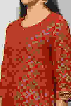 Maroon Cotton Printed Straight Kurta image number 1