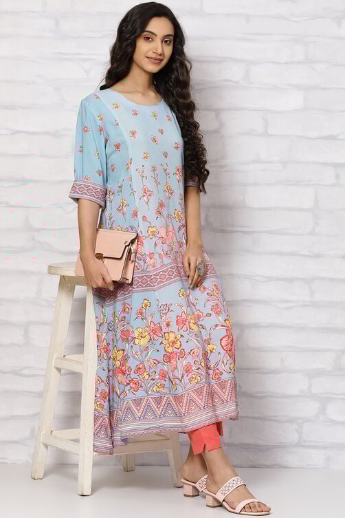 Blue Viscose Rayon A Line Dress image number 5