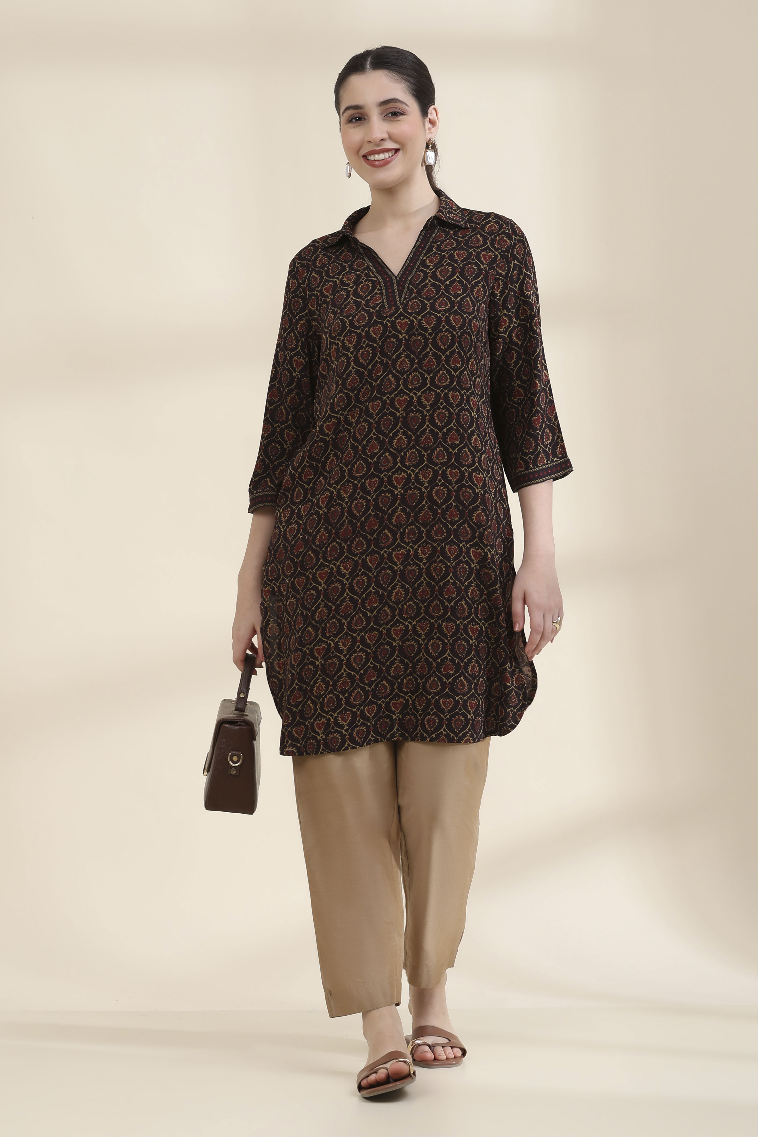 Brown Printed Straight Kurta image number 0