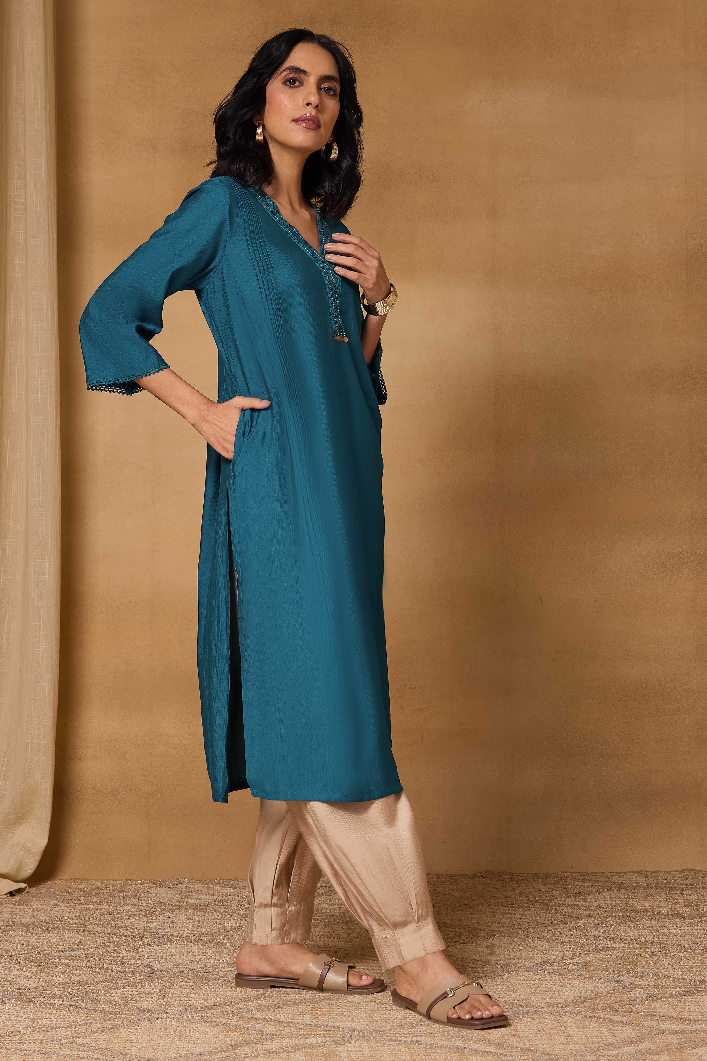 Teal Viscose Blend Straight Solid Kurta image number 4