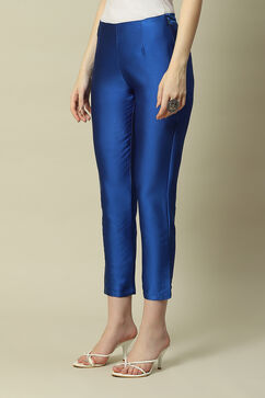 Coblt Blue Polyester Slim Solid Pants image number 2