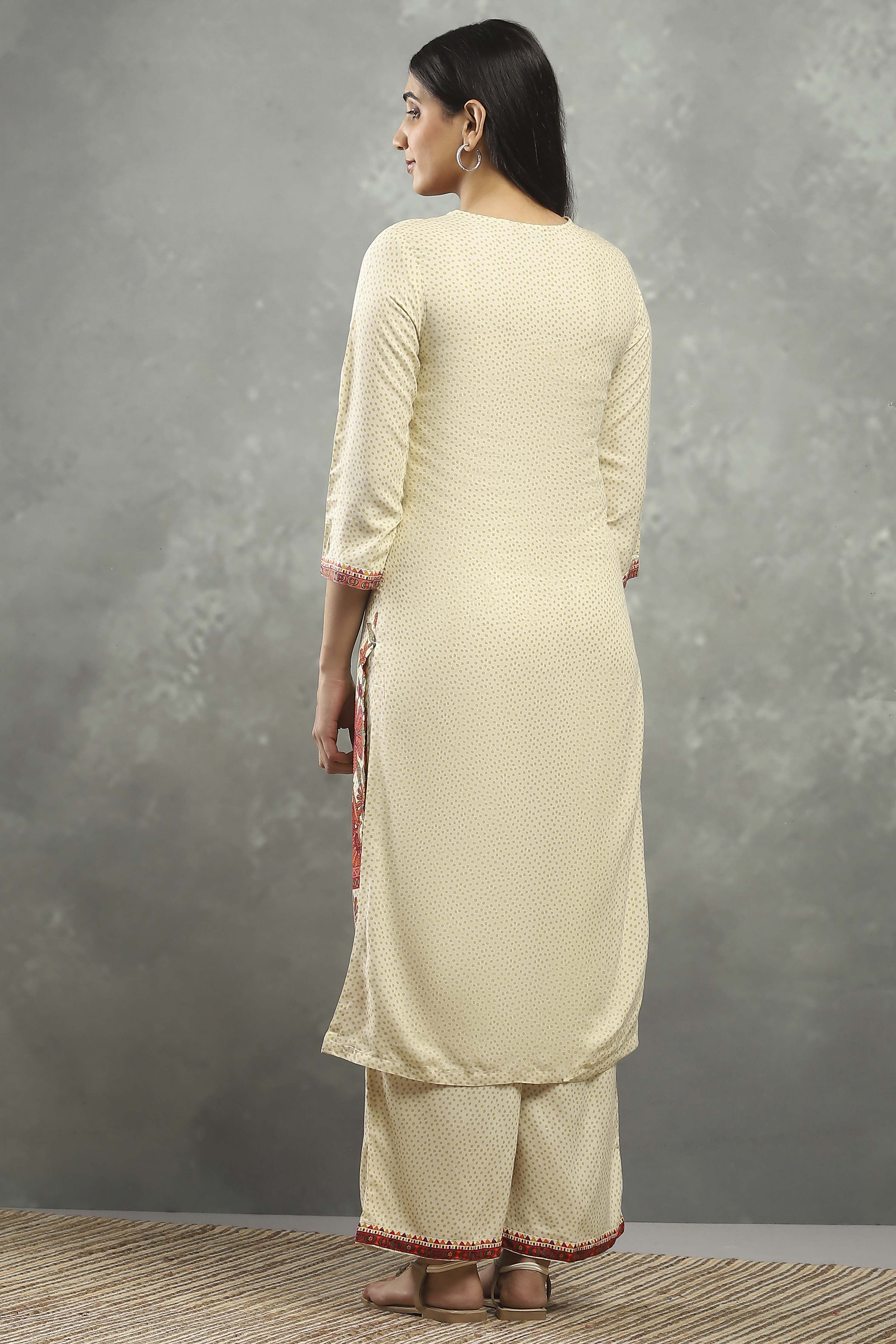 Beige Viscose Straight Kurta Pants Set image number 4