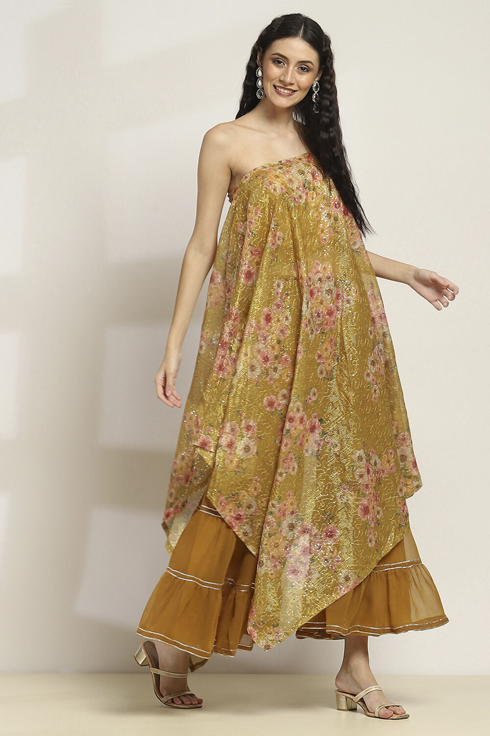 Yellow Poly Georgette Asymmetric Printed Kurta Sharara Suit Set image number 5