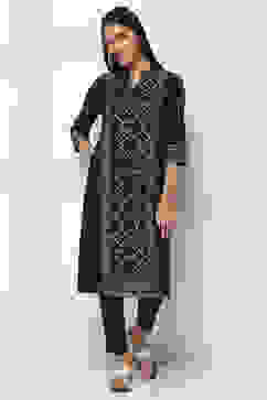 Navy Blue Cotton Printed Straight Kurta image number 5