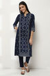 Navy Blue Cotton Printed Straight Kurta image number 5