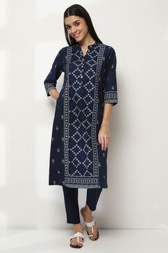 Navy Blue Cotton Printed Straight Kurta image number 5