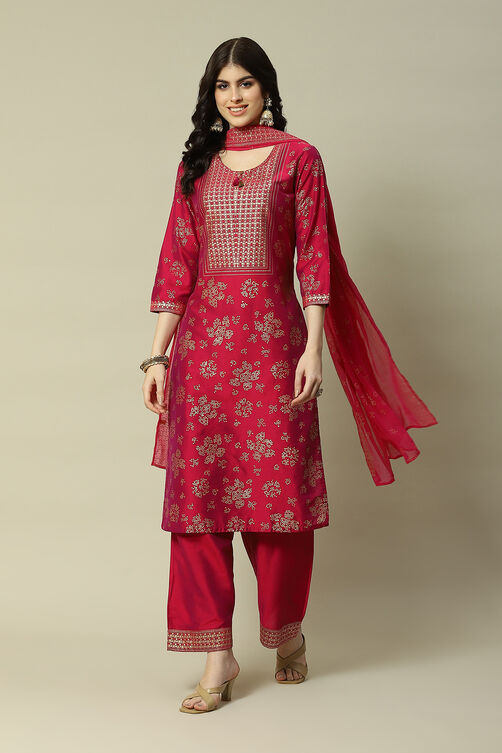 Pink LIVA Straight Printed Suit Set image number 7