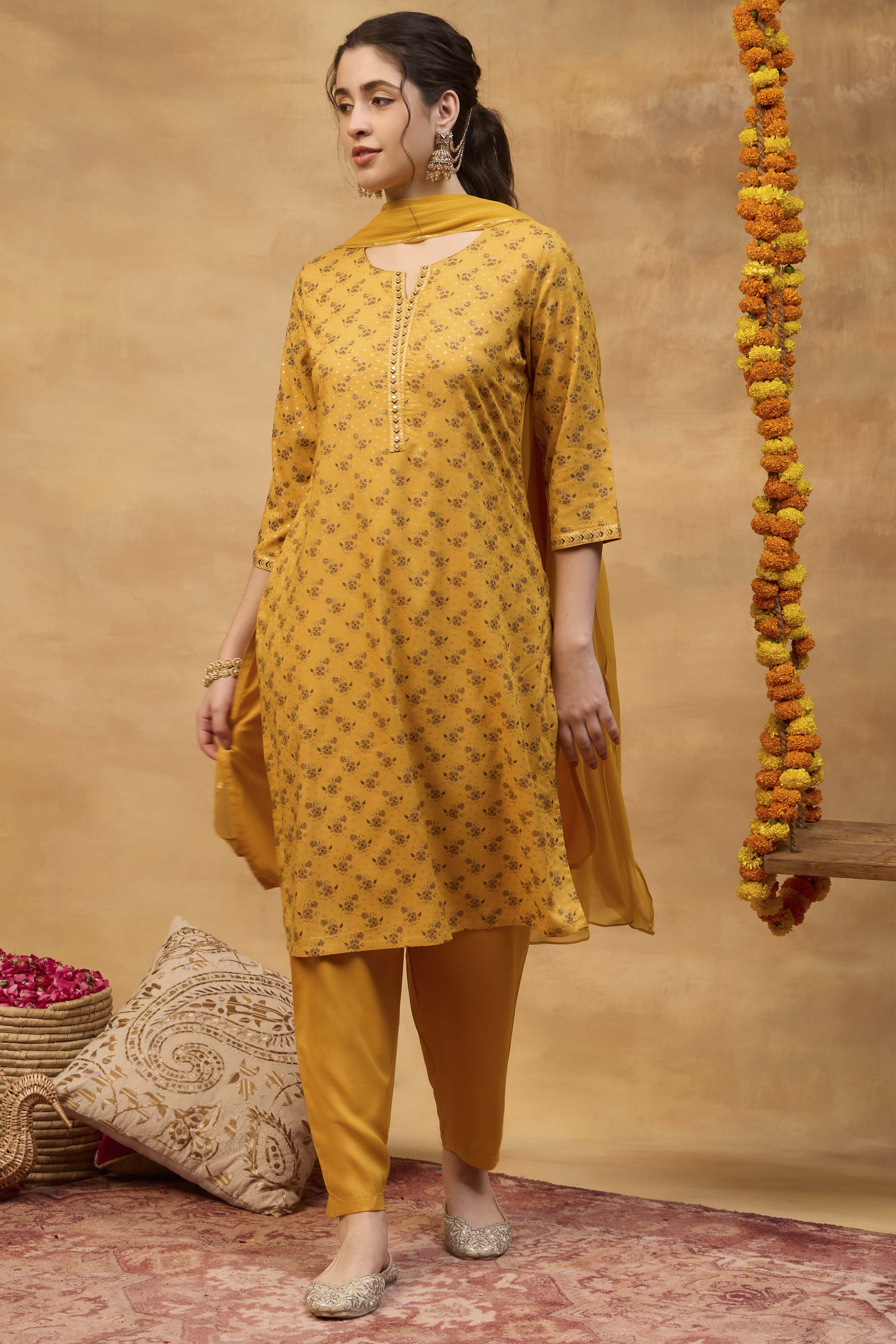 Yellow Viscose Rayon Straight Printed  image number 6