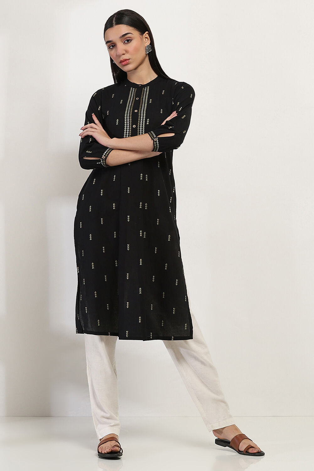 Black Cotton Printed Straight Kurta image number 5