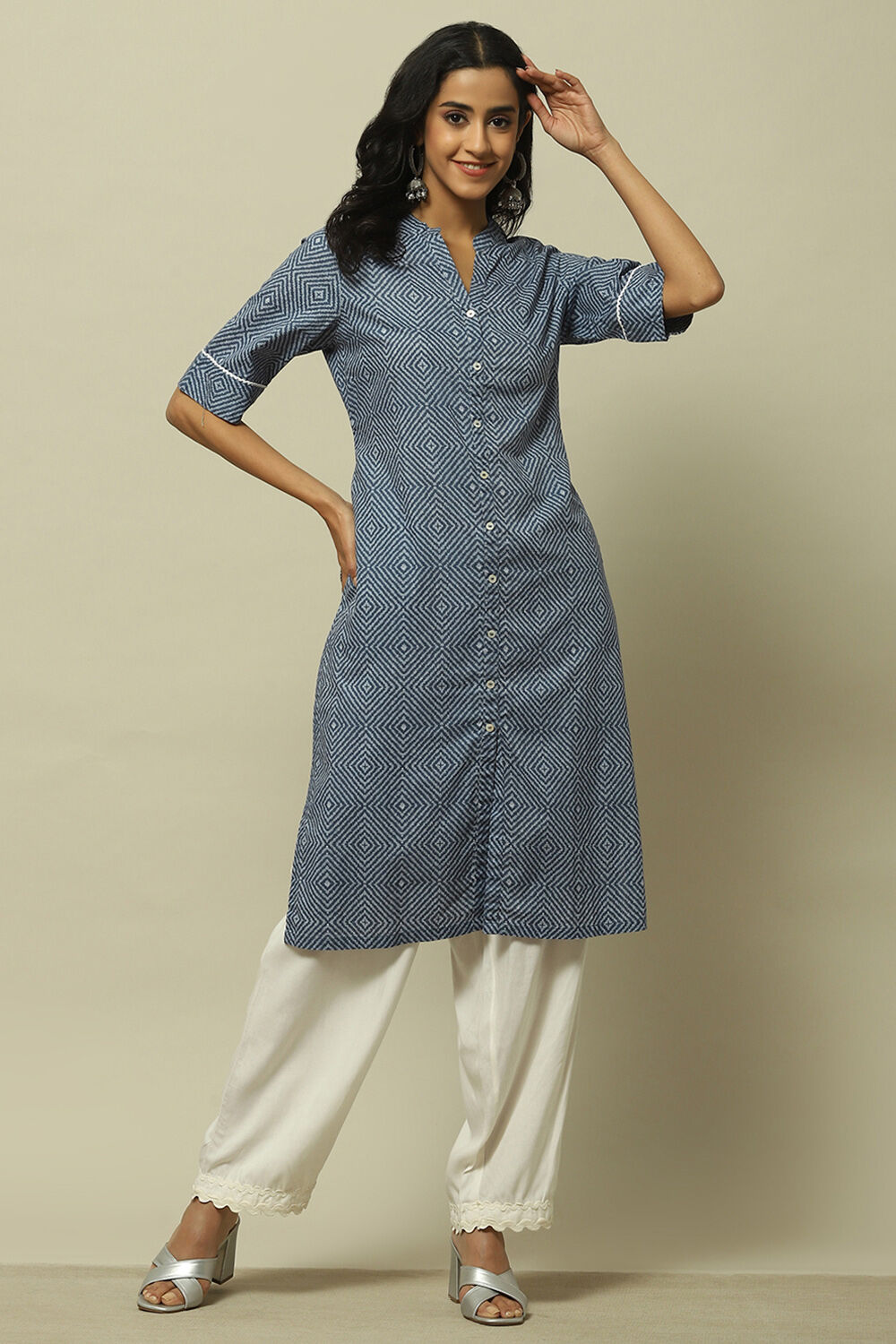 Indigo Blue Cambric Zig-Zag Printed Straight Kurta image number 0