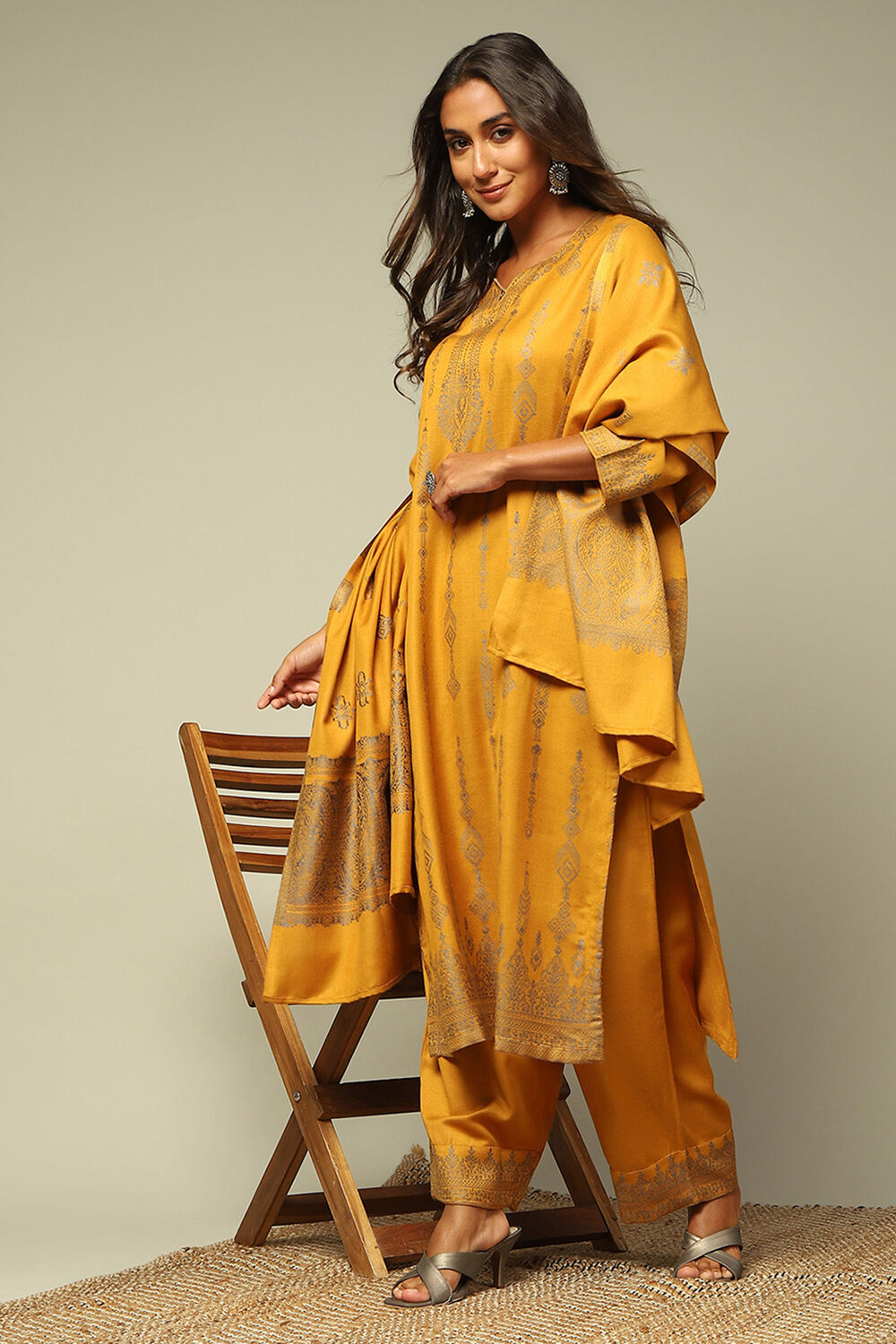 Mustard Acrylic A-Line Yarn Dyed Kurta Palazzo Suit Set image number 8
