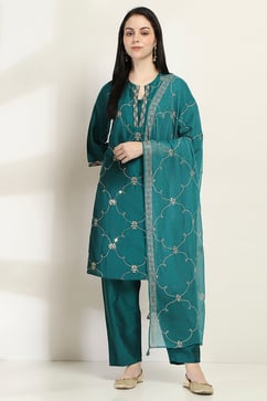 Teal Embroidered Straight Suit Set image number 6
