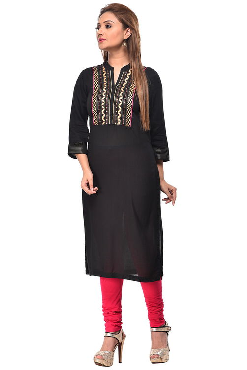 Black Straight Cotton Kurta image number 1