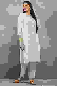 Off White Polyester Straight Kurta Pants Set image number 0