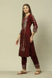 Maroon Poly Viscose Straight Printed Kurta Regular Pants Suit Set image number 3