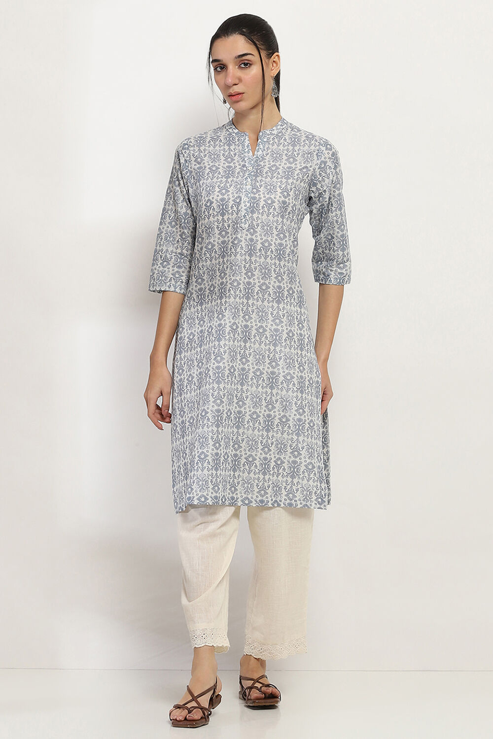Grey Cotton Printed Straight Kurta image number 5